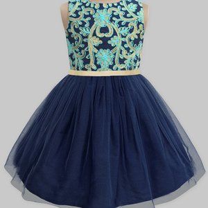 NWT Navy & Turquoise Embroidered  A-Line Dress